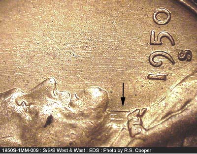 Die-stage A marker on 1950S•1MM•009 (1950 Repunched Mint Mark).