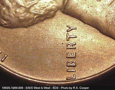 Die-stage A marker on 1950S•1MM•009 (1950 Repunched Mint Mark).