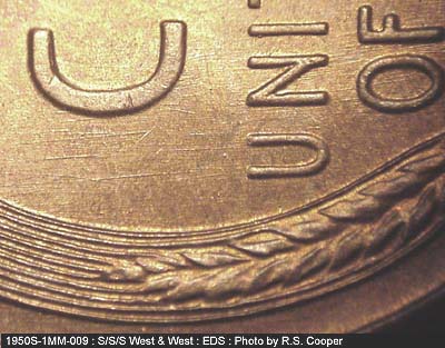 Die-stage A marker on 1950S•1MM•009 (1950 Repunched Mint Mark).