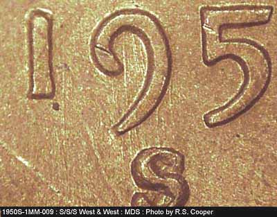Die-stage B marker on 1950S•1MM•009 (1950 Repunched Mint Mark).