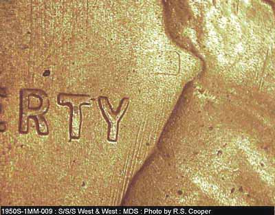 Die-stage B marker on 1950S•1MM•009 (1950 Repunched Mint Mark).