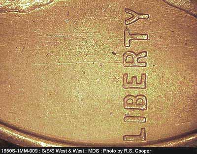 Die-stage B marker on 1950S•1MM•009 (1950 Repunched Mint Mark).