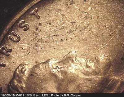 Die-stage B marker on 1950S•1MM•011 (1950 Repunched Mint Mark).