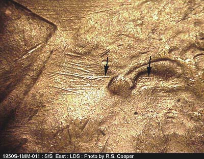Die-stage B marker on 1950S•1MM•011 (1950 Repunched Mint Mark).