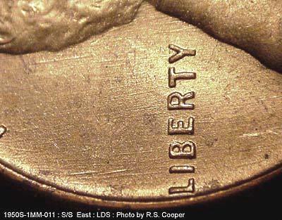 Die-stage B marker on 1950S•1MM•011 (1950 Repunched Mint Mark).