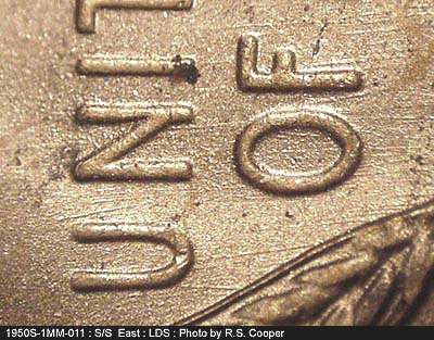 Die-stage B marker on 1950S•1MM•011 (1950 Repunched Mint Mark).