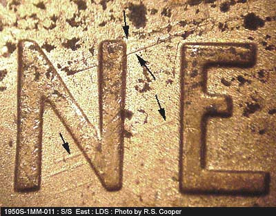 Die-stage B marker on 1950S•1MM•011 (1950 Repunched Mint Mark).
