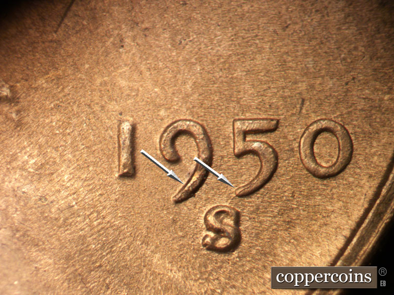 Die-stage B marker on 1950S•1MM•015 (1950 Repunched Mint Mark).