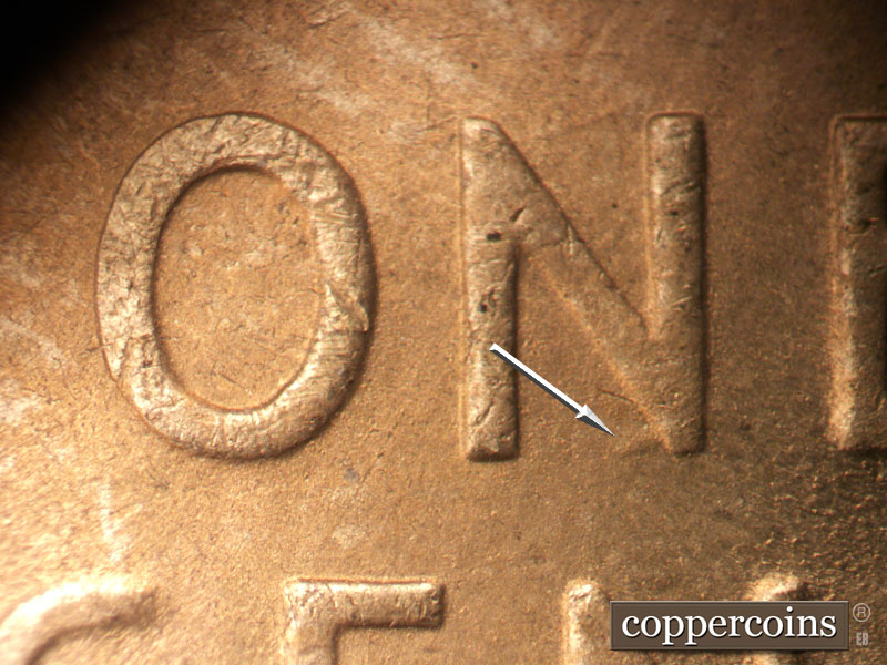 Die-stage B marker on 1950S•1MM•015 (1950 Repunched Mint Mark).