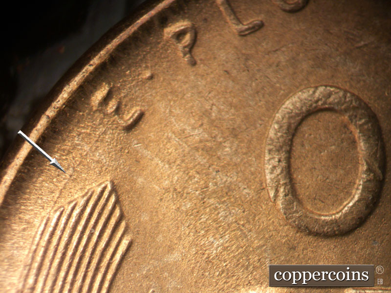 Die-stage B marker on 1950S•1MM•015 (1950 Repunched Mint Mark).