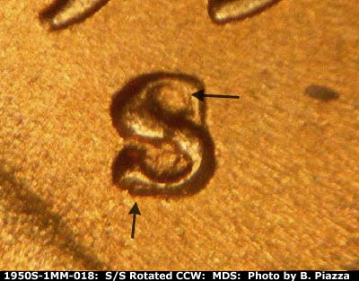 Die-stage B marker on 1950S•1MM•018 (1950 Repunched Mint Mark).