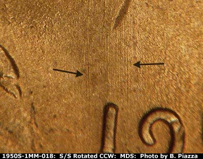 Die-stage B marker on 1950S•1MM•018 (1950 Repunched Mint Mark).