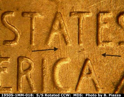 Die-stage B marker on 1950S•1MM•018 (1950 Repunched Mint Mark).