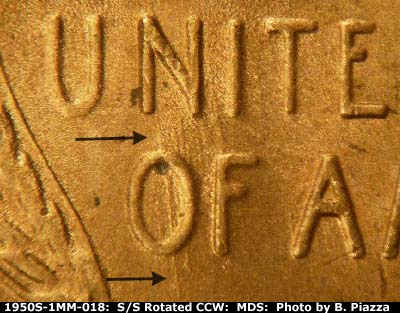 Die-stage B marker on 1950S•1MM•018 (1950 Repunched Mint Mark).