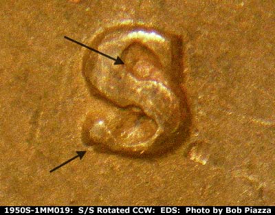 Die-stage B marker on 1950S•1MM•019 (1950 Repunched Mint Mark).