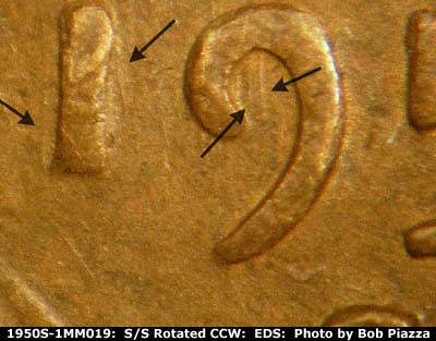 Die-stage B marker on 1950S•1MM•019 (1950 Repunched Mint Mark).