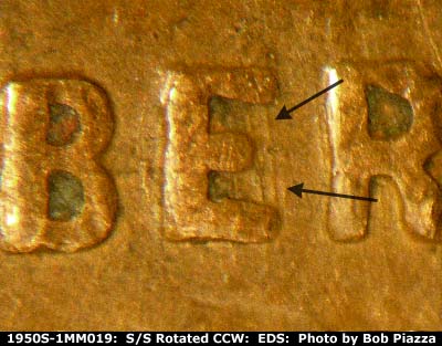 Die-stage B marker on 1950S•1MM•019 (1950 Repunched Mint Mark).