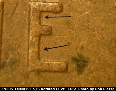 Die-stage B marker on 1950S•1MM•019 (1950 Repunched Mint Mark).