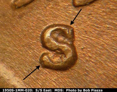 Die-stage B marker on 1950S•1MM•020 (1950 Repunched Mint Mark).