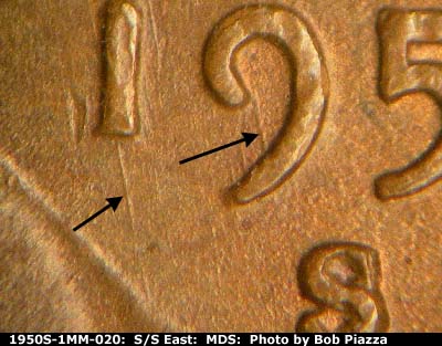 Die-stage B marker on 1950S•1MM•020 (1950 Repunched Mint Mark).