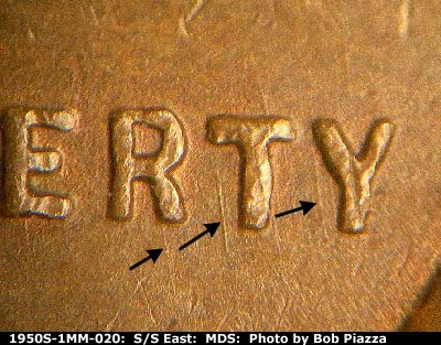 Die-stage B marker on 1950S•1MM•020 (1950 Repunched Mint Mark).