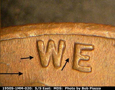 Die-stage B marker on 1950S•1MM•020 (1950 Repunched Mint Mark).