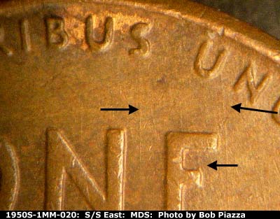 Die-stage B marker on 1950S•1MM•020 (1950 Repunched Mint Mark).