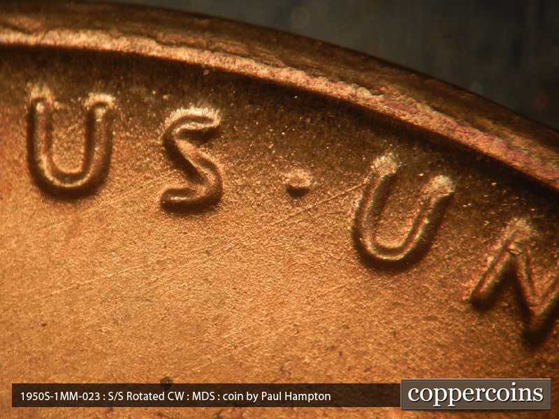 Die-stage B marker on 1950S•1MM•023 (1950 Repunched Mint Mark).