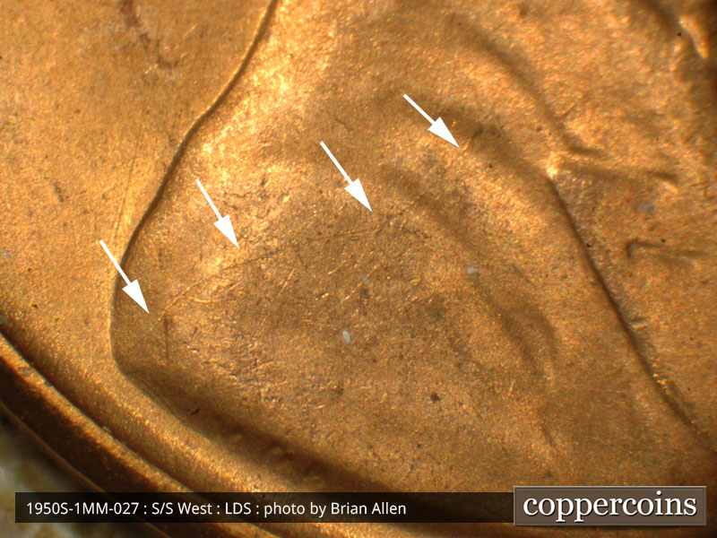 Die-stage C marker on 1950S•1MM•027 (1950 Repunched Mint Mark).