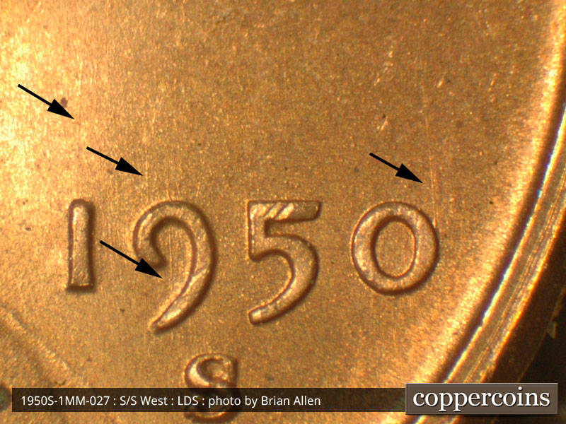Die-stage C marker on 1950S•1MM•027 (1950 Repunched Mint Mark).