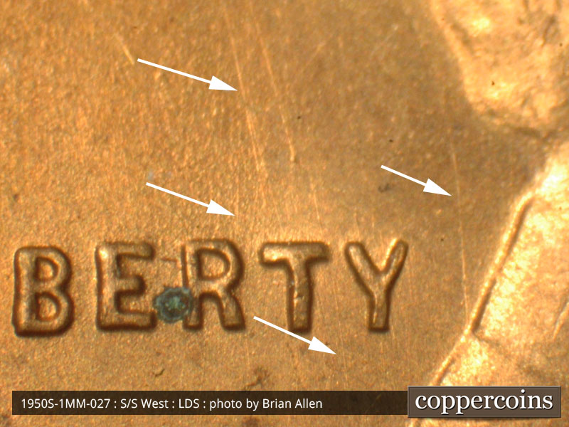 Die-stage C marker on 1950S•1MM•027 (1950 Repunched Mint Mark).