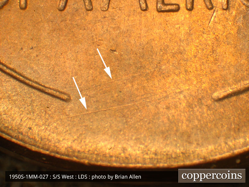 Die-stage C marker on 1950S•1MM•027 (1950 Repunched Mint Mark).