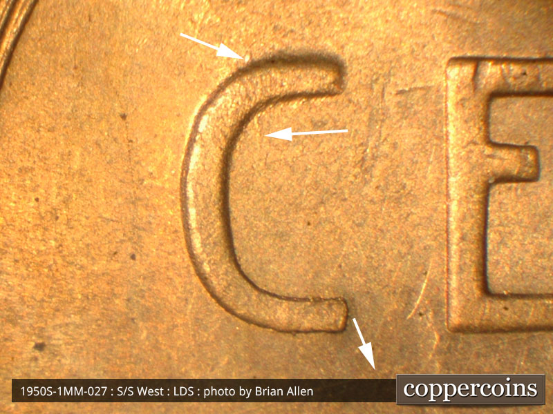 Die-stage C marker on 1950S•1MM•027 (1950 Repunched Mint Mark).