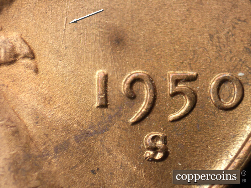 Die-stage C marker on 1950S•1MM•029 (1950 Repunched Mint Mark).