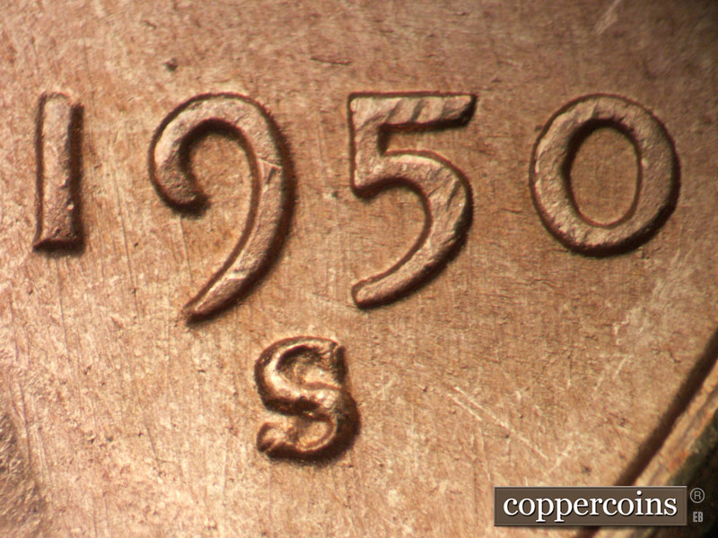 1950 Lincoln cent obverse, CopperCoins die 1950S•1MM•030.