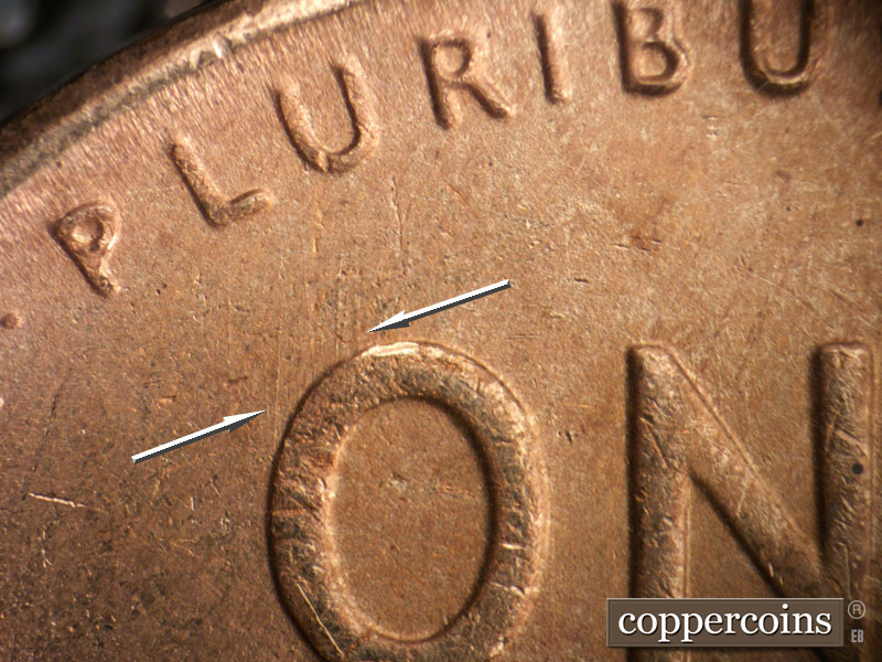 Die-stage B marker on 1950S•1MM•030 (1950 Repunched Mint Mark).