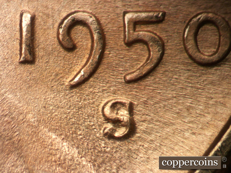 1950 Lincoln cent obverse, CopperCoins die 1950S•1MM•031.