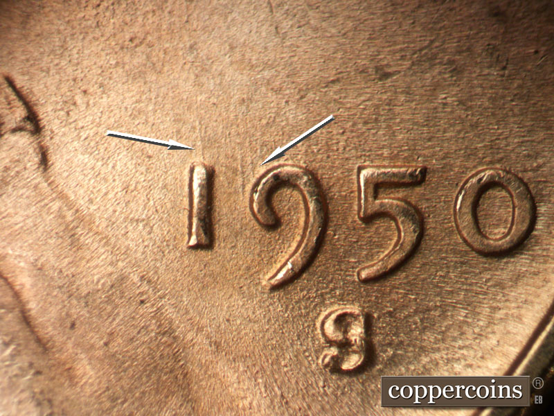 Die-stage B marker on 1950S•1MM•031 (1950 Repunched Mint Mark).
