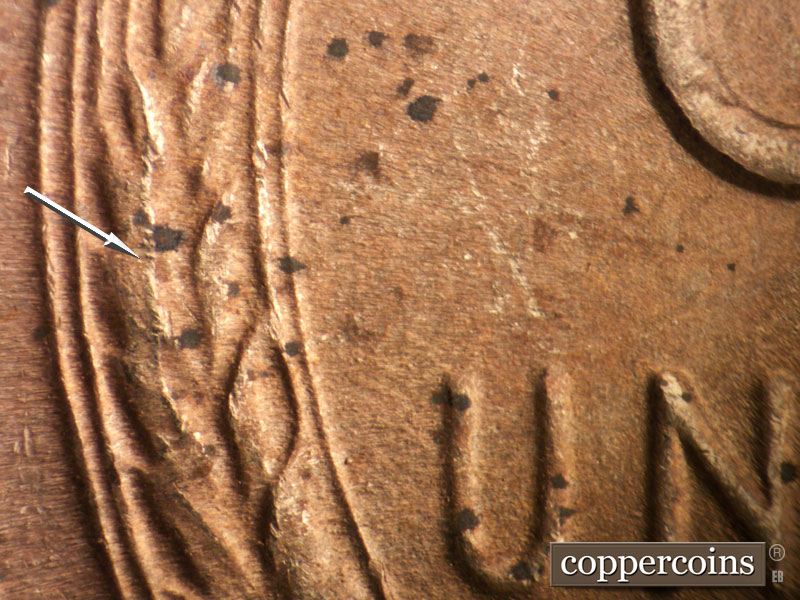 Die-stage B marker on 1950S•1MM•031 (1950 Repunched Mint Mark).