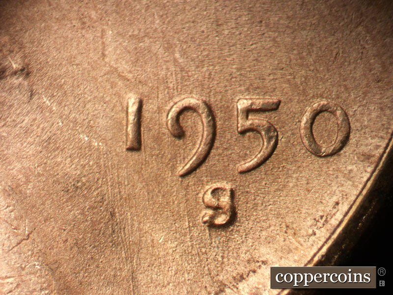 Die-stage B marker on 1950S•1MM•032 (1950 Repunched Mint Mark).