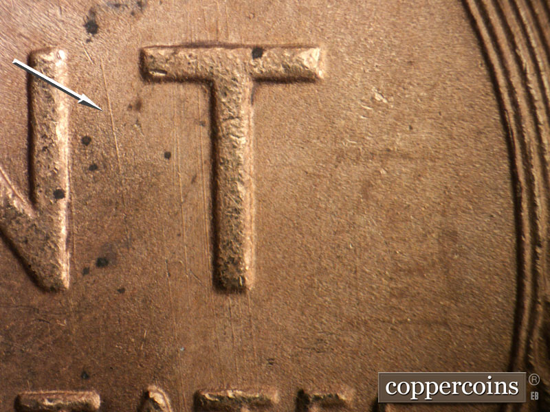 Die-stage B marker on 1950S•1MM•032 (1950 Repunched Mint Mark).