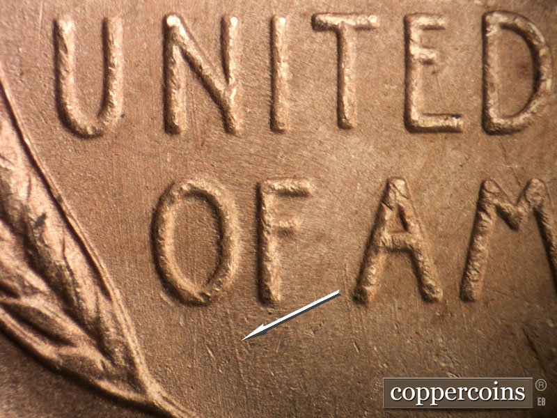 Die-stage B marker on 1950S•1MM•032 (1950 Repunched Mint Mark).