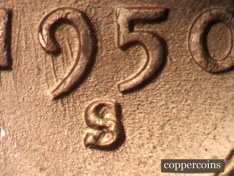1950 Lincoln cent obverse, CopperCoins die 1950S•1MM•033.