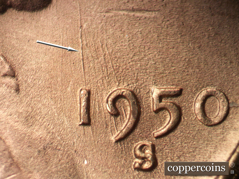 Die-stage B marker on 1950S•1MM•033 (1950 Repunched Mint Mark).