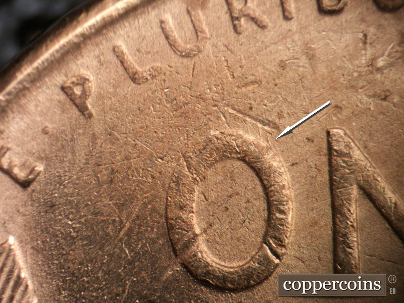 Die-stage B marker on 1950S•1MM•033 (1950 Repunched Mint Mark).