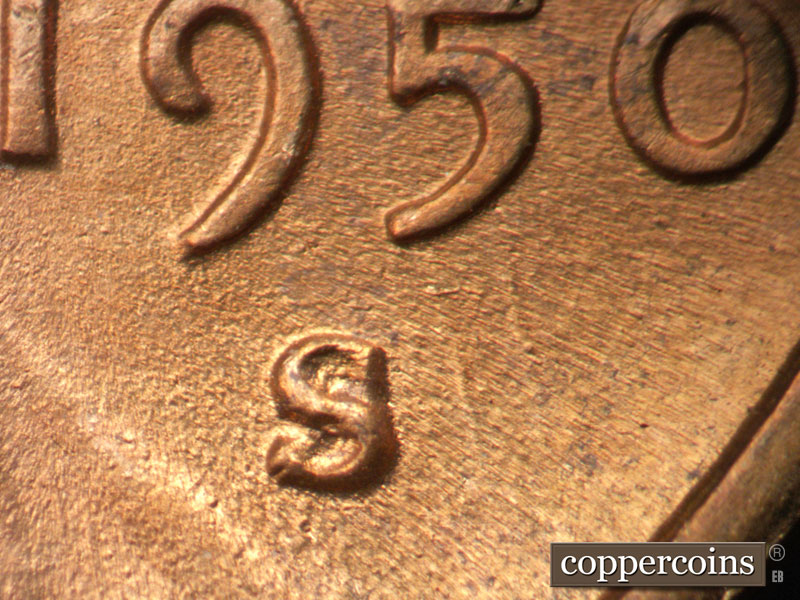 1950 Lincoln cent obverse, CopperCoins die 1950S•1MM•038.