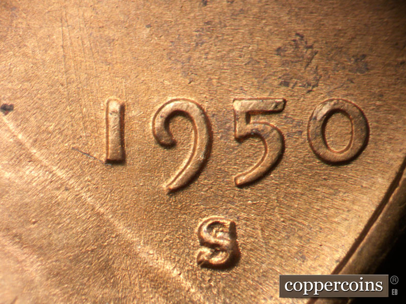Die-stage B marker on 1950S•1MM•038 (1950 Repunched Mint Mark).