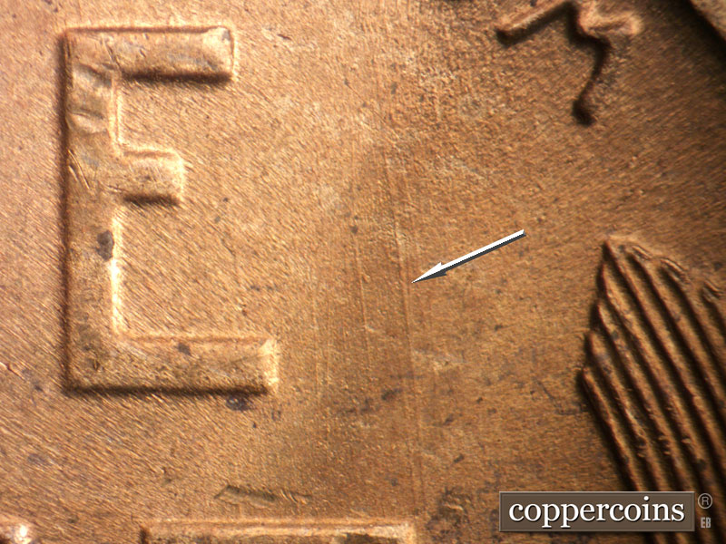 Die-stage B marker on 1950S•1MM•038 (1950 Repunched Mint Mark).