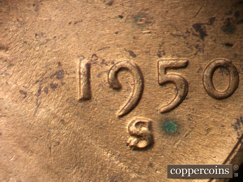 Die-stage C marker on 1950S•1MM•039 (1950 Repunched Mint Mark).