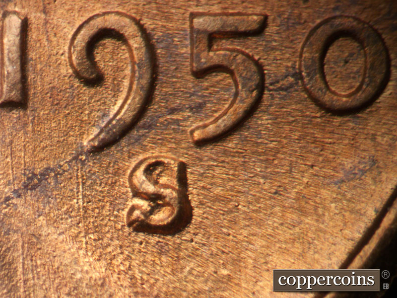 1950 Lincoln cent obverse, CopperCoins die 1950S•1MM•040.